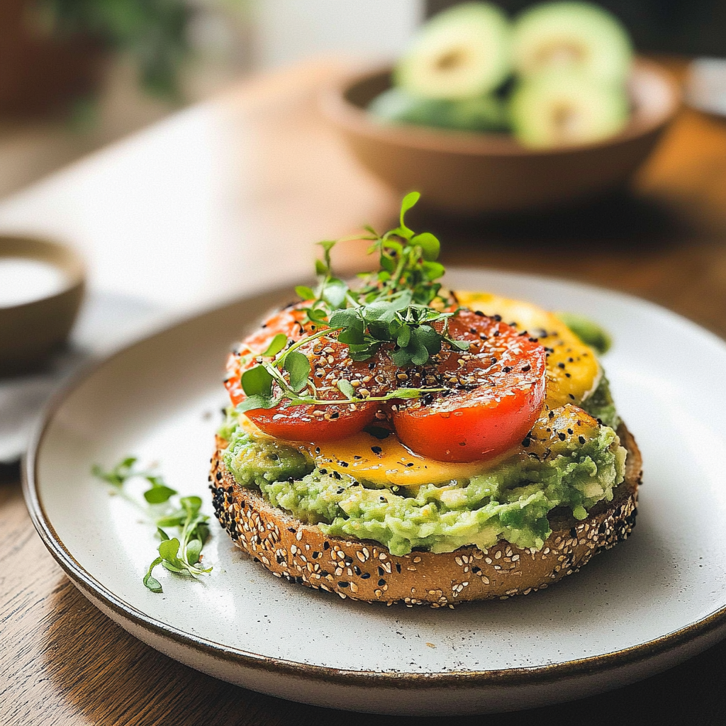 Avocado bagel breakfast sandwich with fried egg - My Eclectic Bites