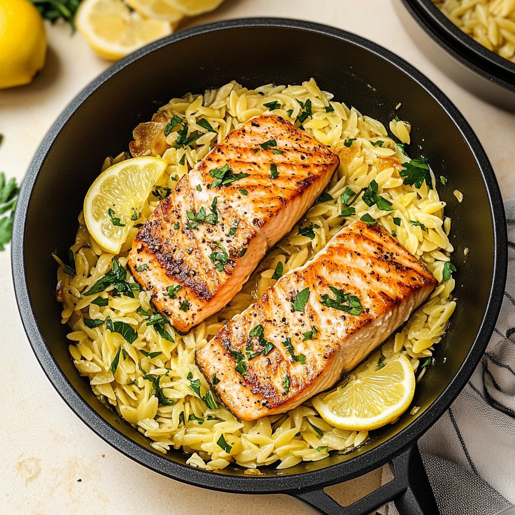 Lemon Salmon Orzo Skillet