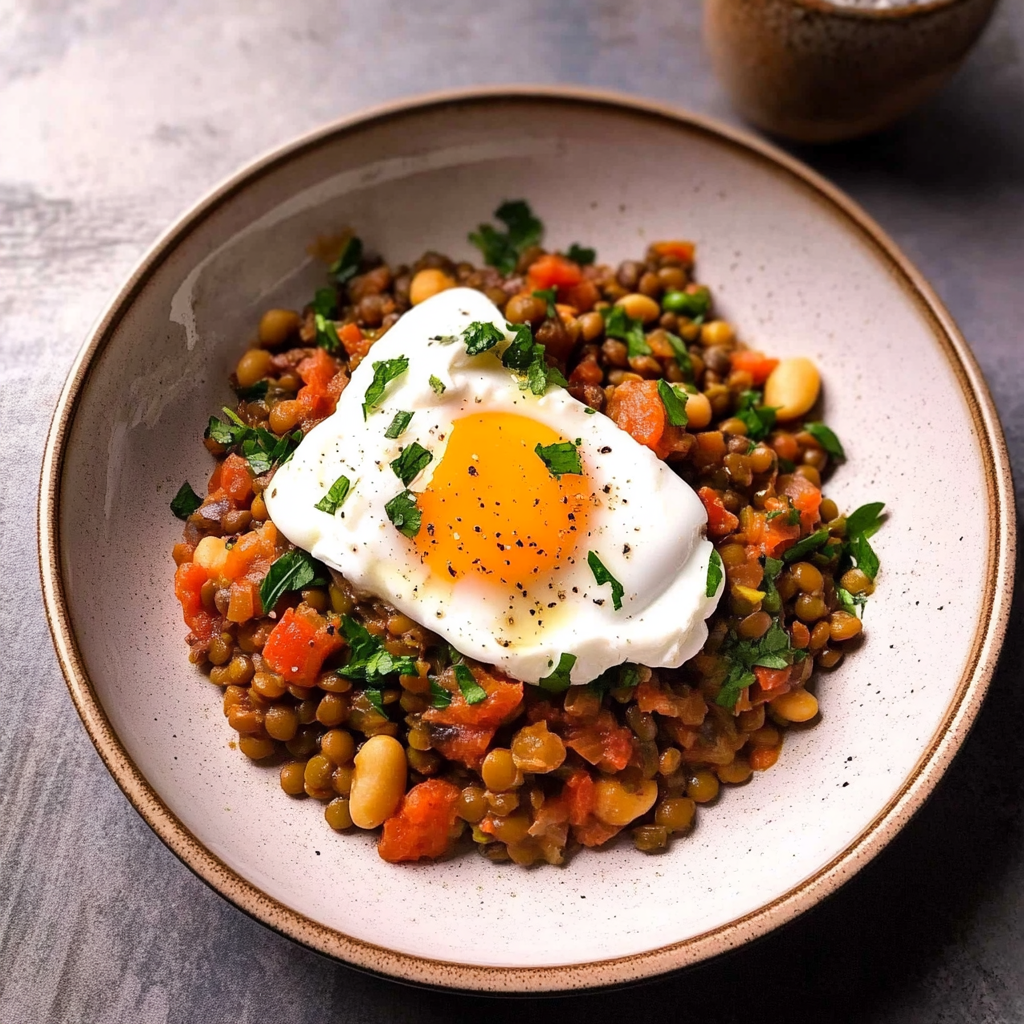Mediterranean Braised Lentils With Poached Egg