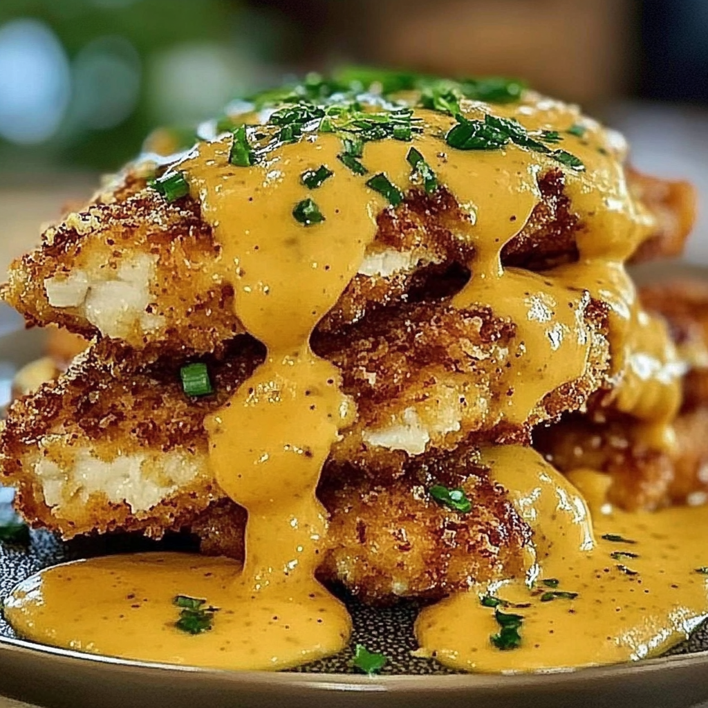 Pretzel Chicken with Mustard-Cheddar Sauce