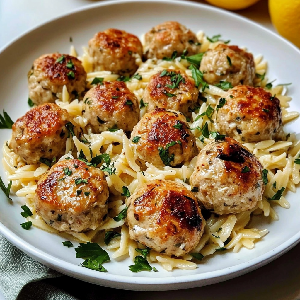 Savory Greek Chicken Meatballs with Zesty Lemon Orzo