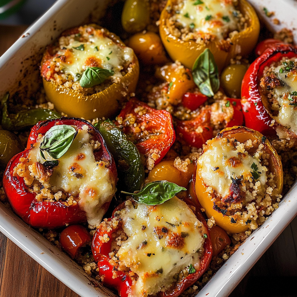 Couscous Stuffed Roasted Bell Peppers with Fresh Mozzarella