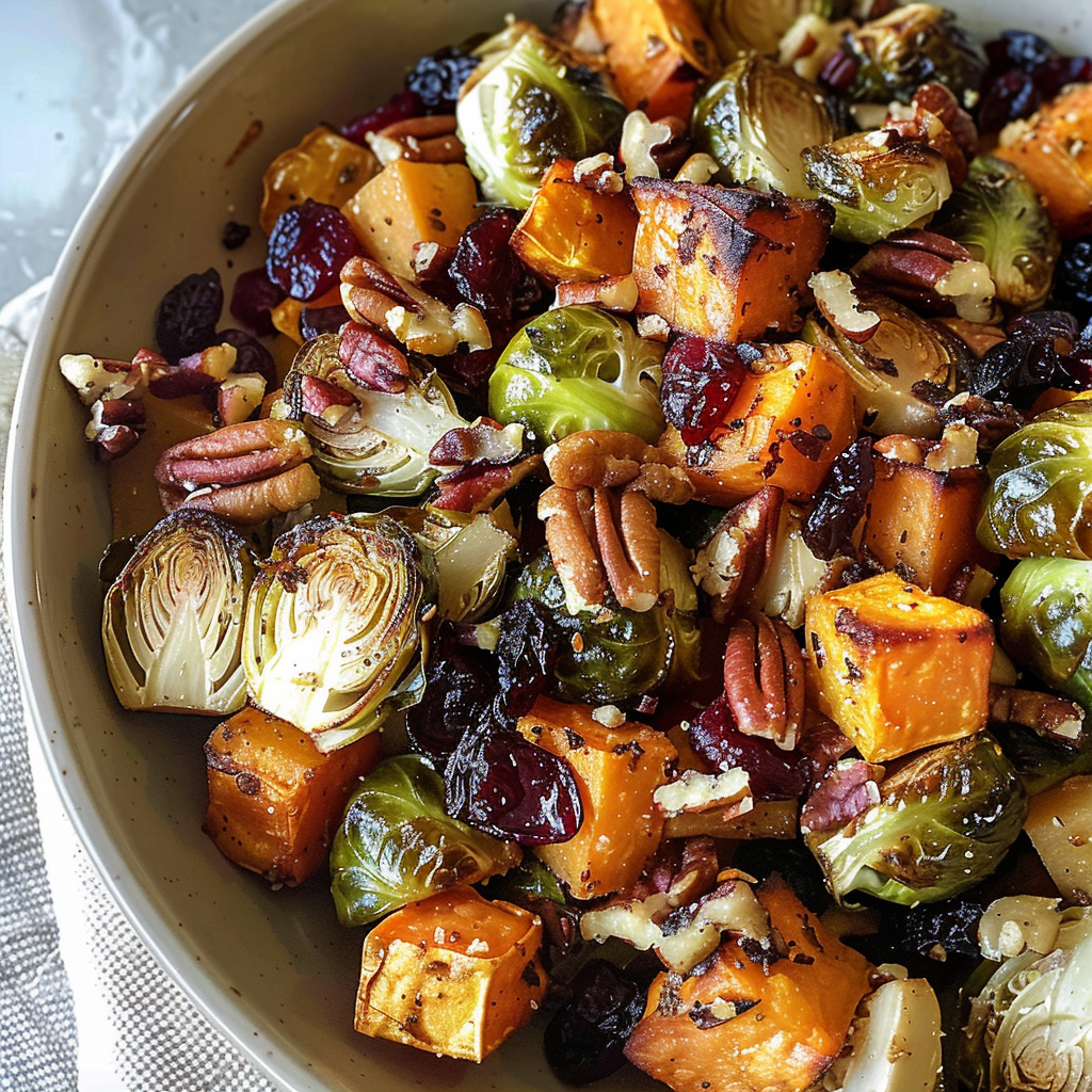 Maple Roasted Brussels Sprouts and Sweet Potatoes with Cranberries and Pecans