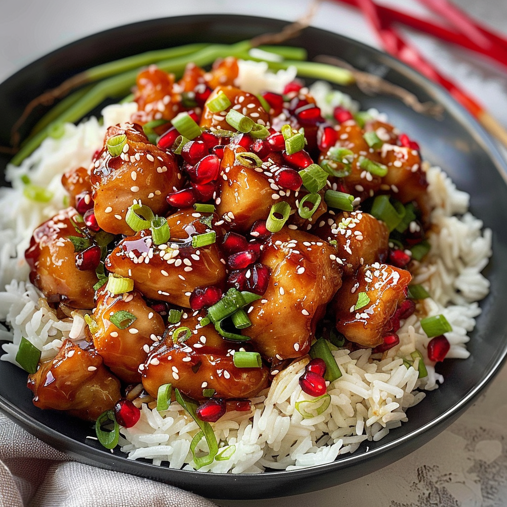 Pomegranate Sesame Chicken with Ginger Rice Pilaf