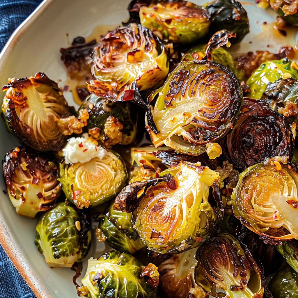 Roasted Brussels Sprouts with Goat Cheese and Chili Honey