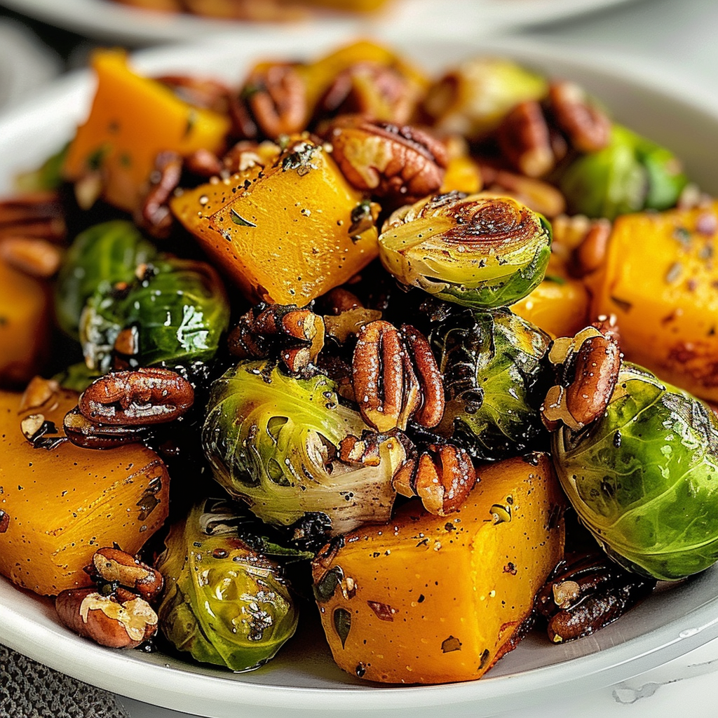 Air Fryer Butternut Squash & Brussels Sprouts with Candied Pecans