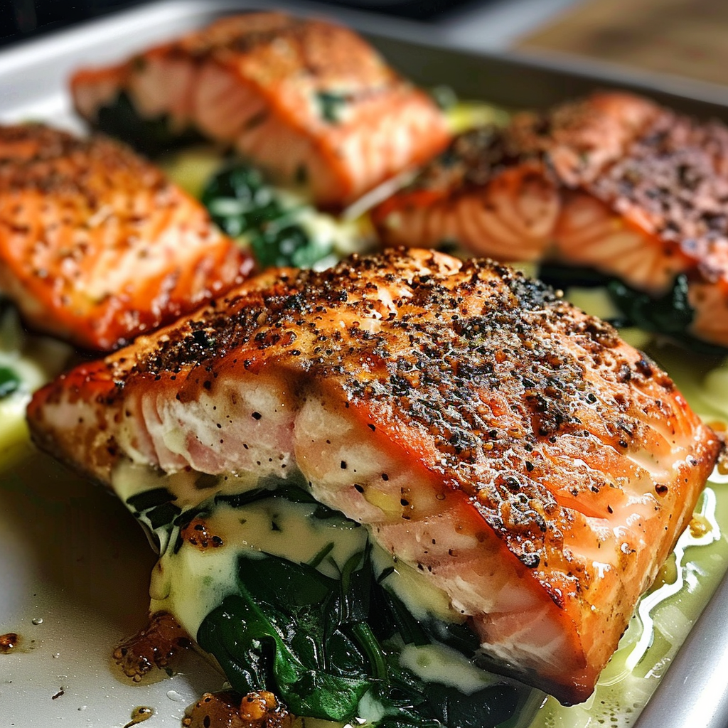 Blackened Salmon Stuffed with Spinach and Parmesan