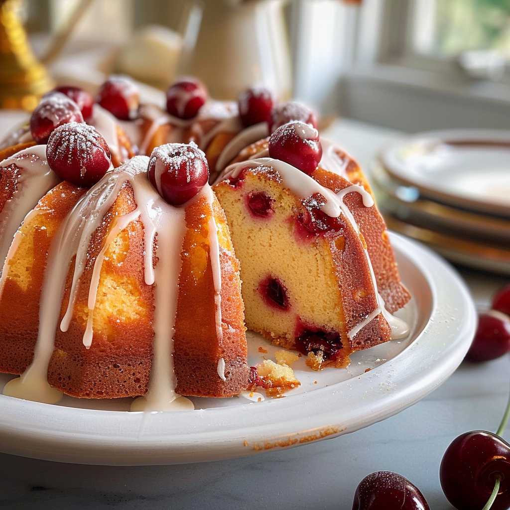 Cherry Bundt Cake with Almond Glaze