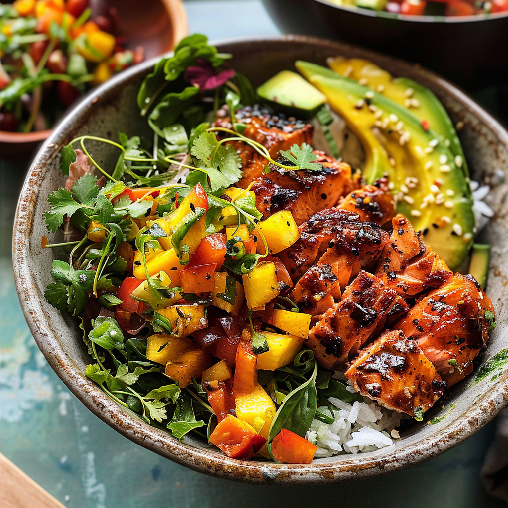 Chili Crisp Salmon Bowl with Avocado Mango Salsa