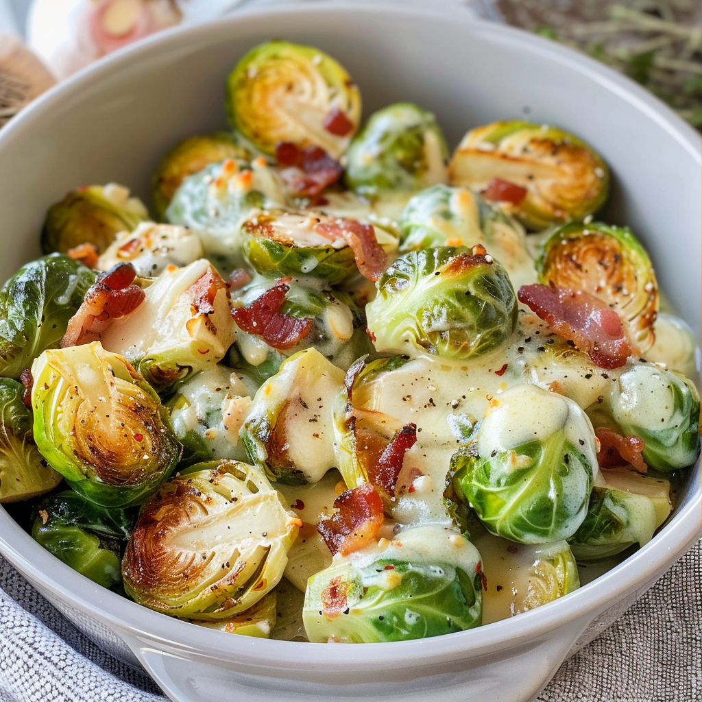 Creamy Garlic Parmesan Brussels Sprouts with Bacon