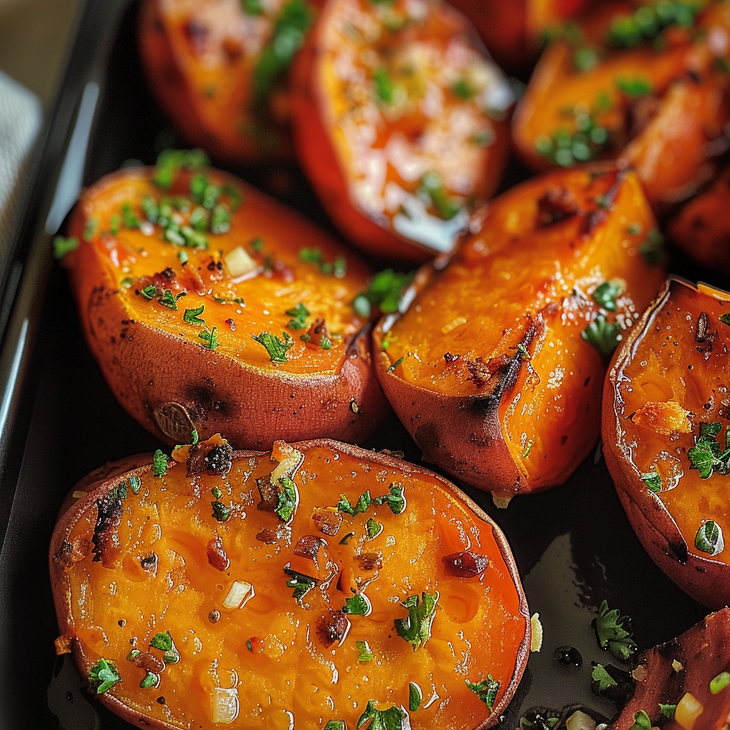 Garlic Butter Roasted Sweet Potatoes