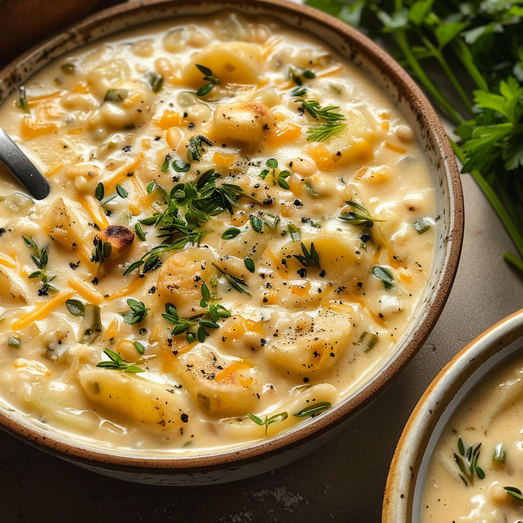 Hearty Cheddar Garlic Herb Potato Soup
