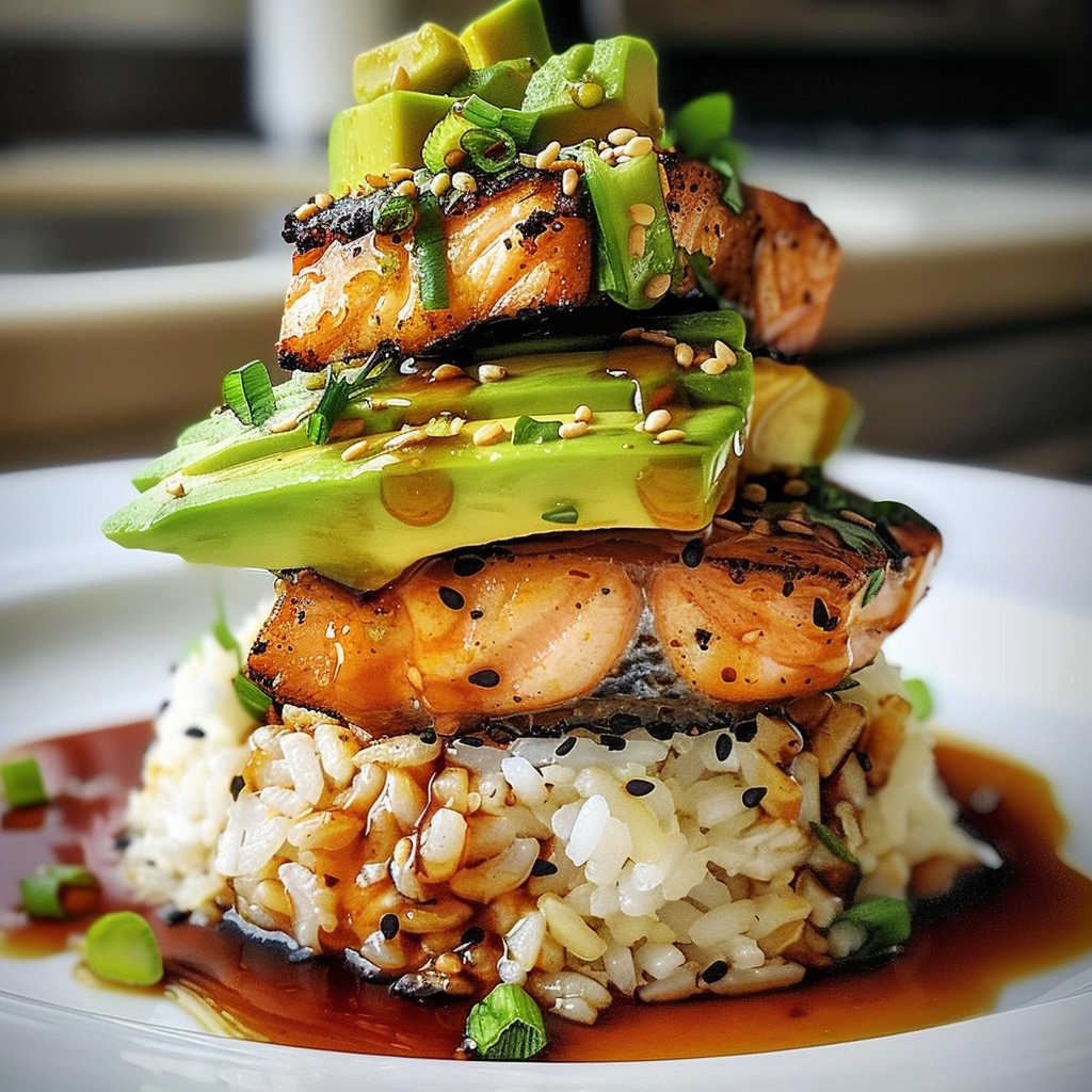 Teriyaki Salmon Avocado Rice Stack