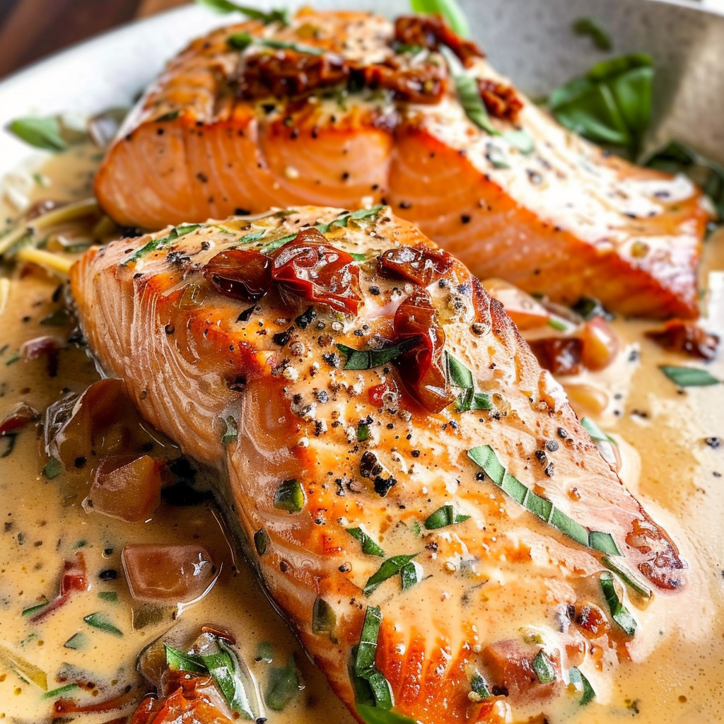 Pan Seared Salmon with Sun-Dried Tomato Cream Sauce