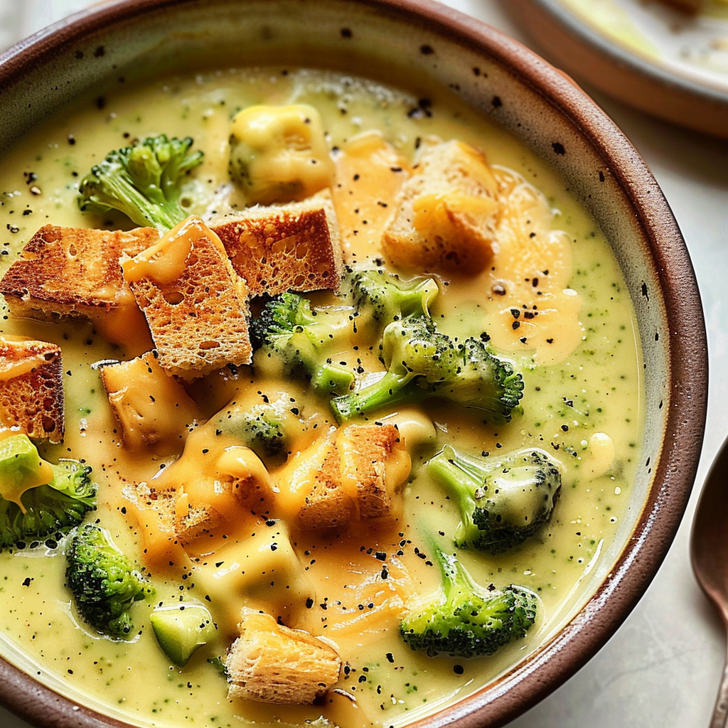 Roasted Broccoli Soup with Melted Cheddar Croutons