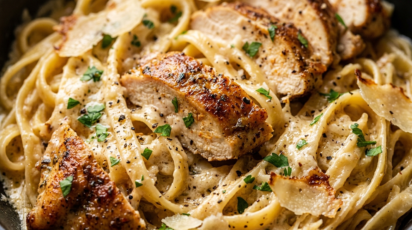 Ultra close-up macro food photograph of creamy garlic parmesan chicken pasta with golden seared chicken and fettuccine